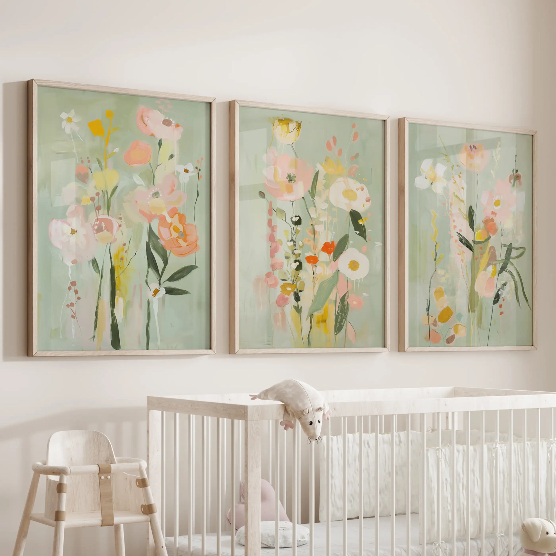 A thin wood-framed set of three gentle pink and green botanical prints complements the wall above the nursery crib.