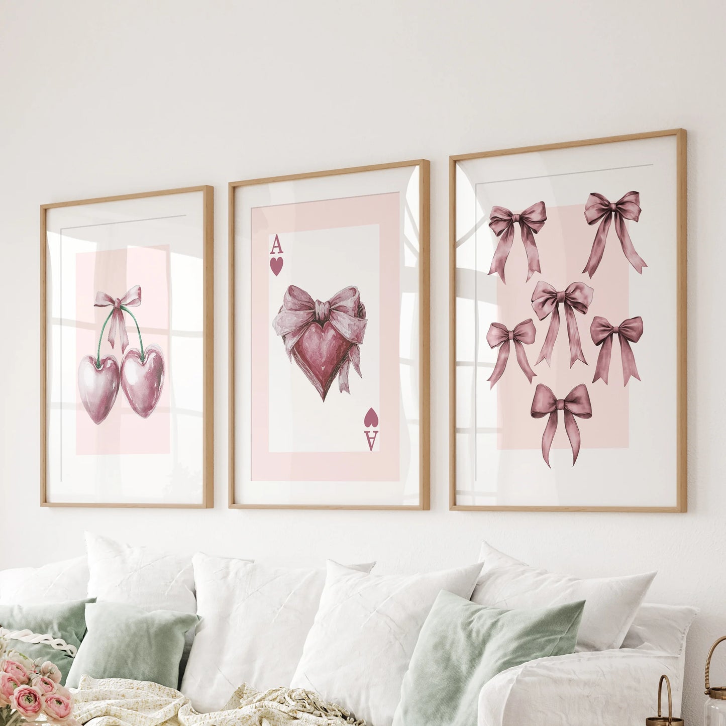Red cherry illustrations 3-piece picture set, wood frames with matting, hangs above the sectional sofa in the family room for a crisp, playful accent.