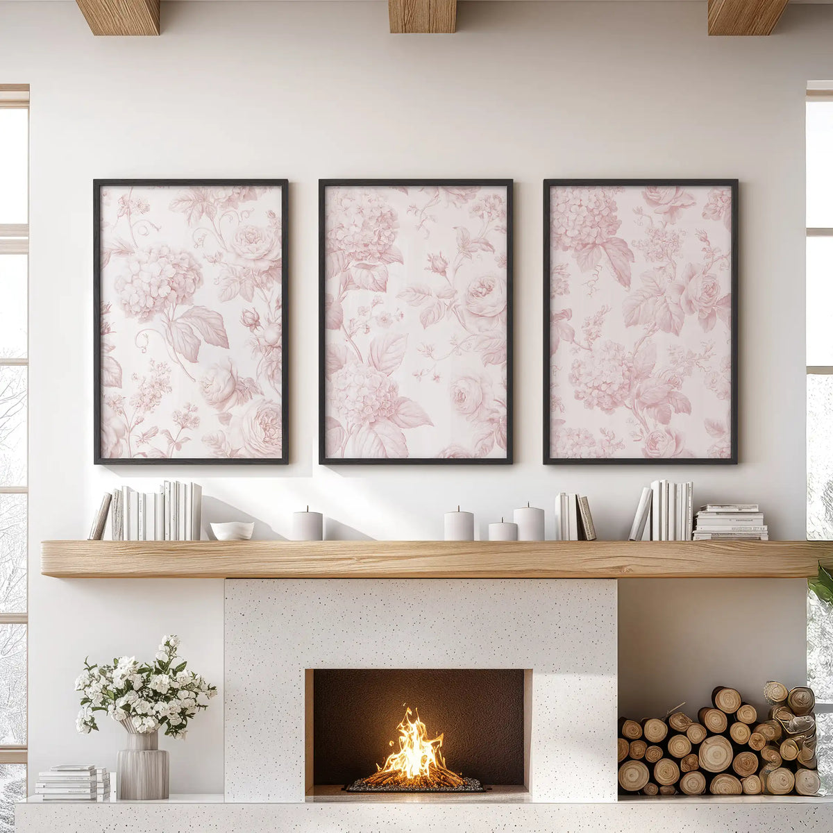 Pink roses and hydrangeas fill three black-framed prints above a fireplace.