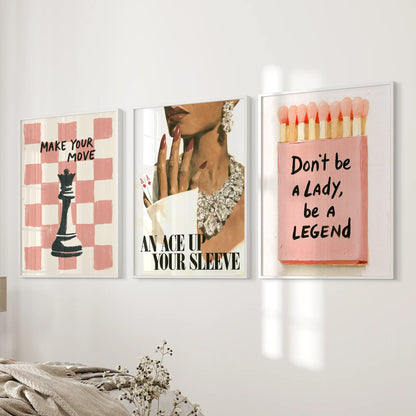 Fashion portrait three-piece wall art set in white frames, displayed together on a bedroom wall.