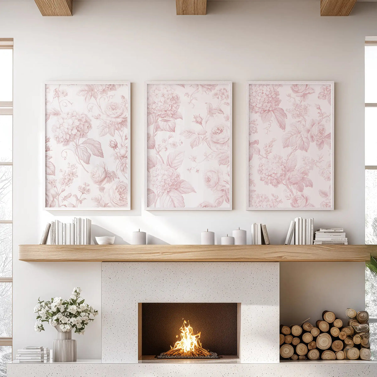 White frames hold three pink floral prints above a fireplace.
