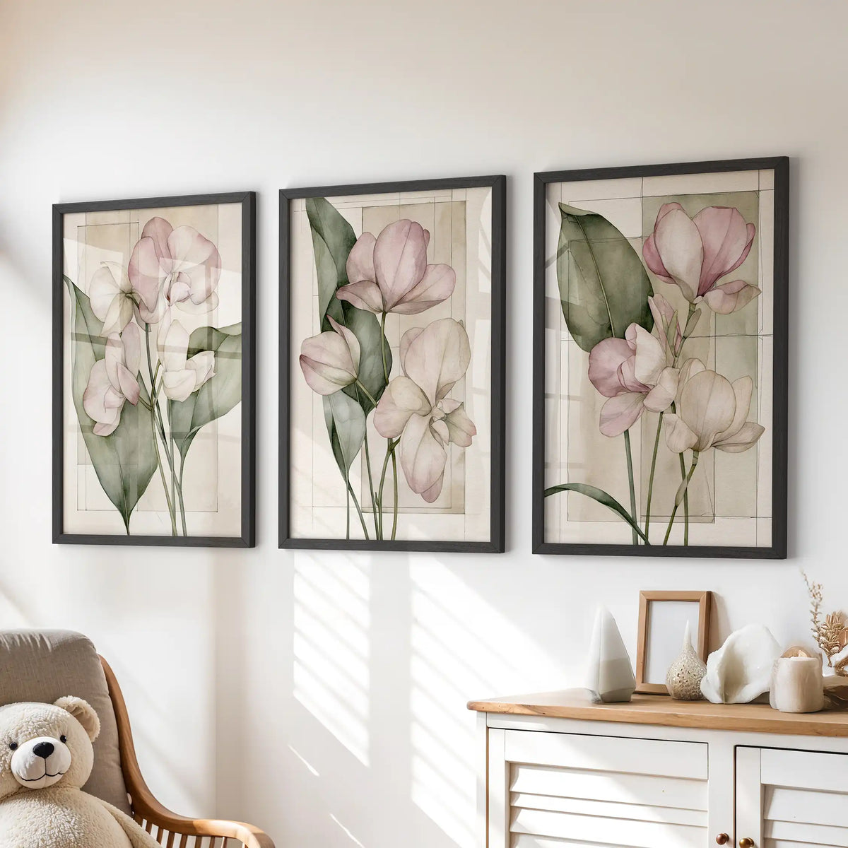 Black frames hold three pale pink blossom prints above a dresser.