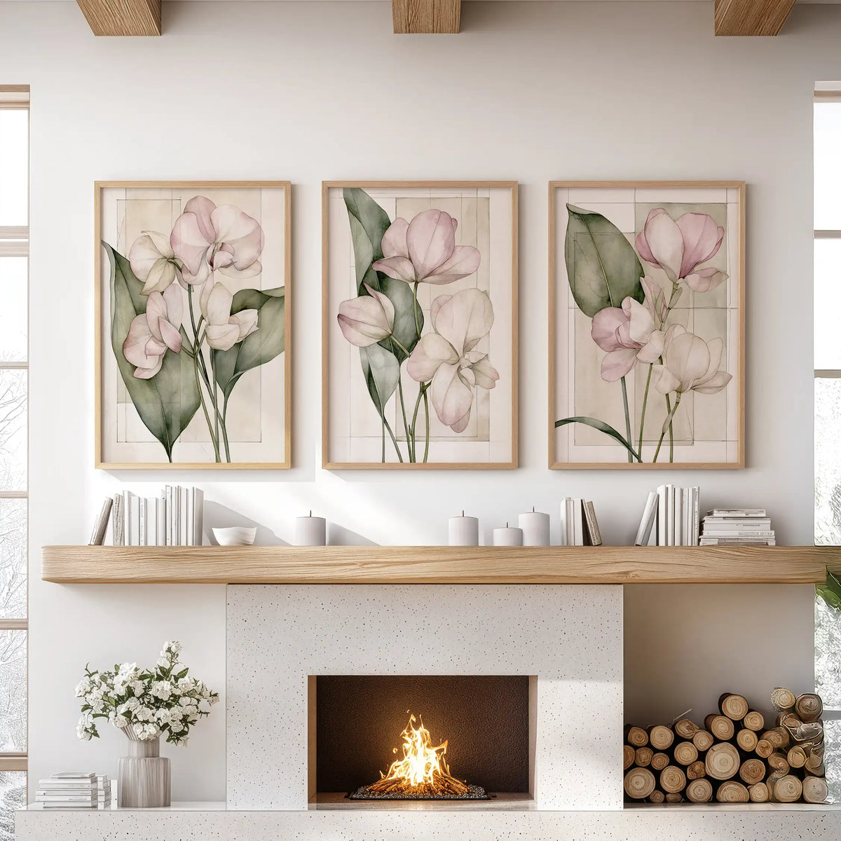 Oak frames display three pink flower prints above a fireplace.