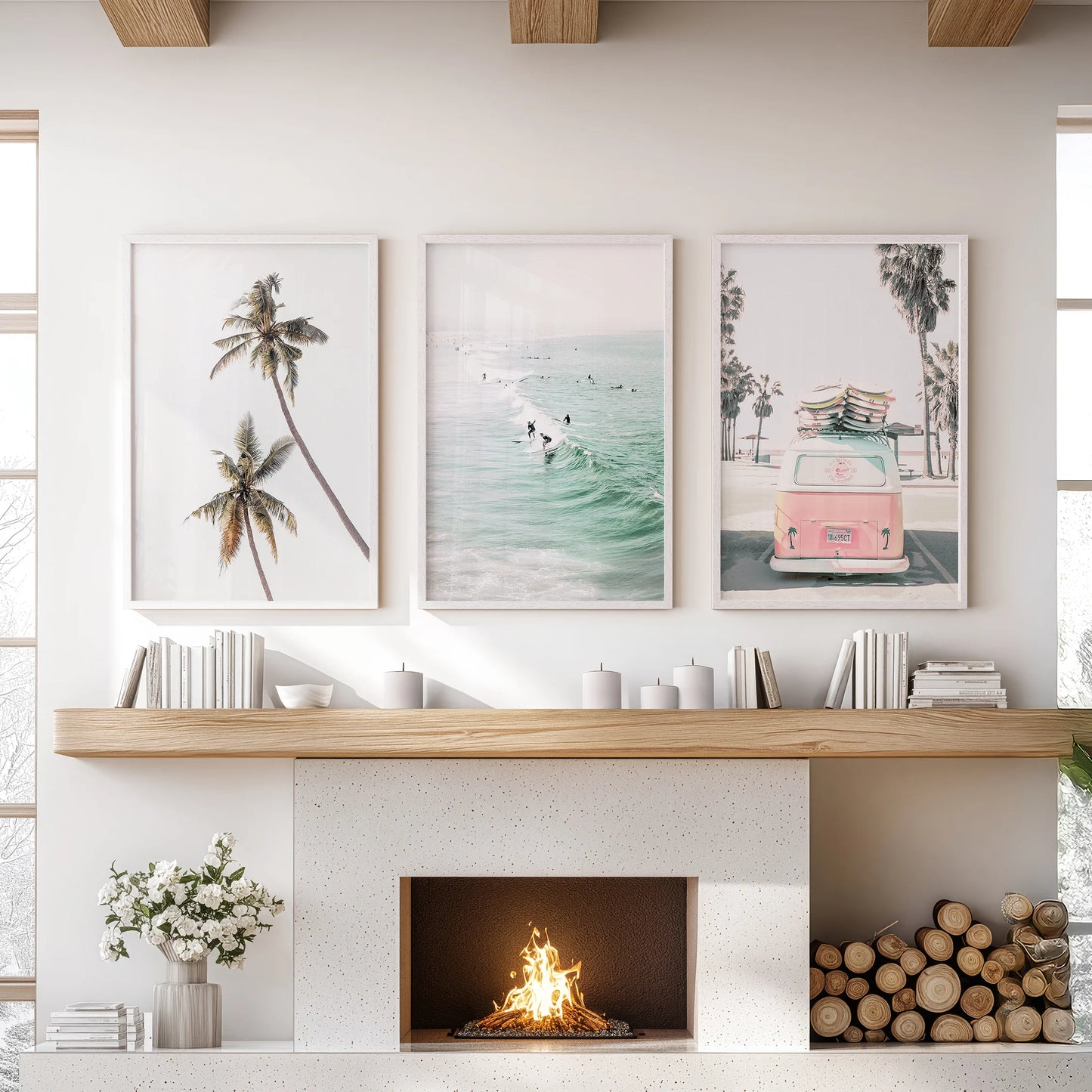 A California beach triptych in white frames warms the sitting room, the three prints arranged in balance above the hearth.