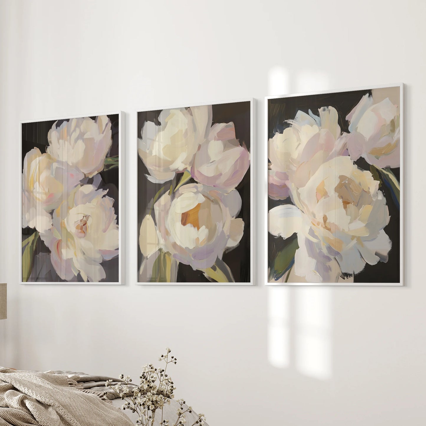 Victorian peony botanicals, three art prints, grace the bedroom bedside wall in bright white frames for a gentle, heirloom note.