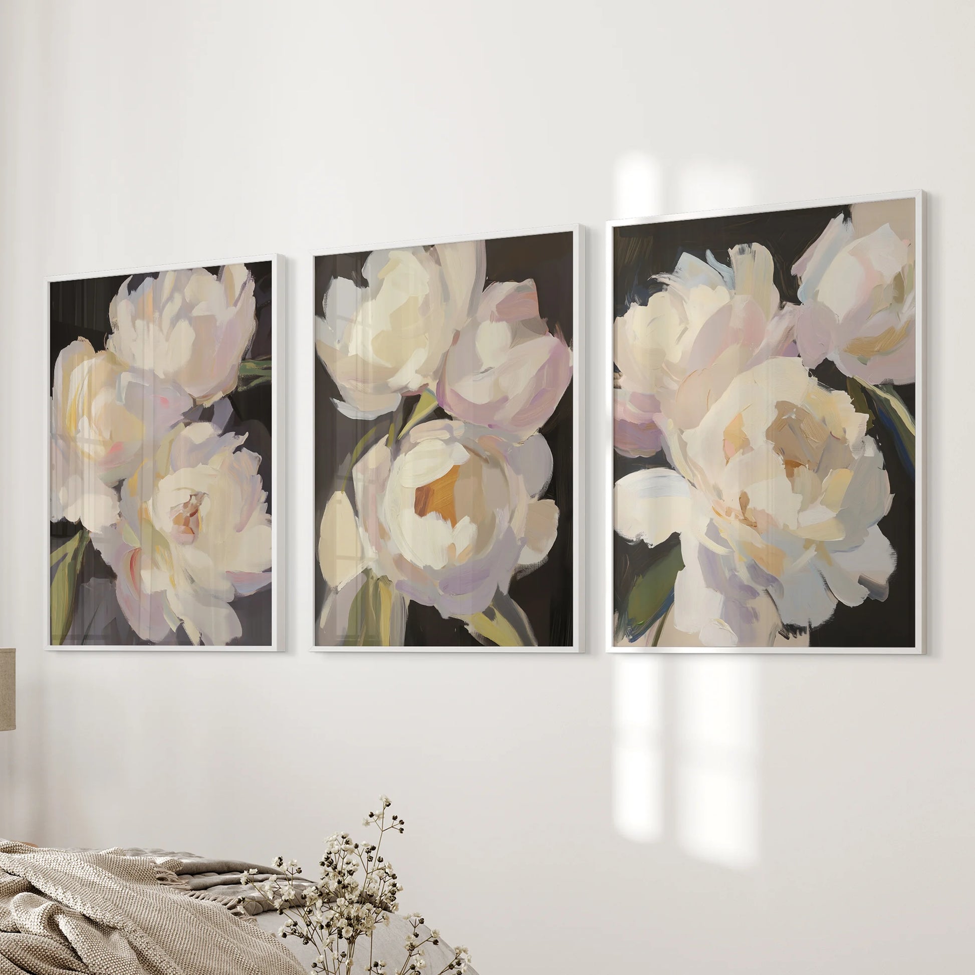 Victorian peony botanicals, three art prints, grace the bedroom bedside wall in bright white frames for a gentle, heirloom note.