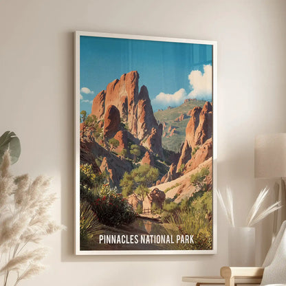 White-framed wall art of a desert canyon scene centers a living room nook, mounted above a chair by the window for a calm Southwest touch.