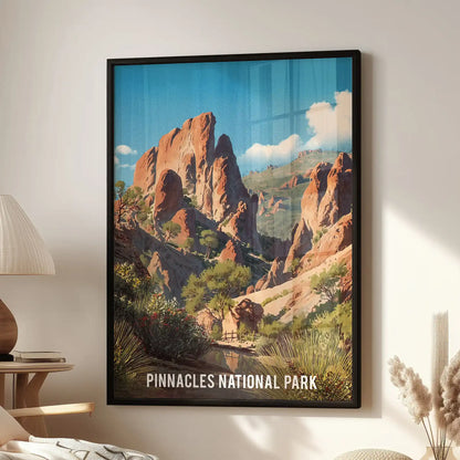 Pinnacles National Park landscape individual artwork, a black framed wall print styled for a sitting room and placed by an accent chair.
