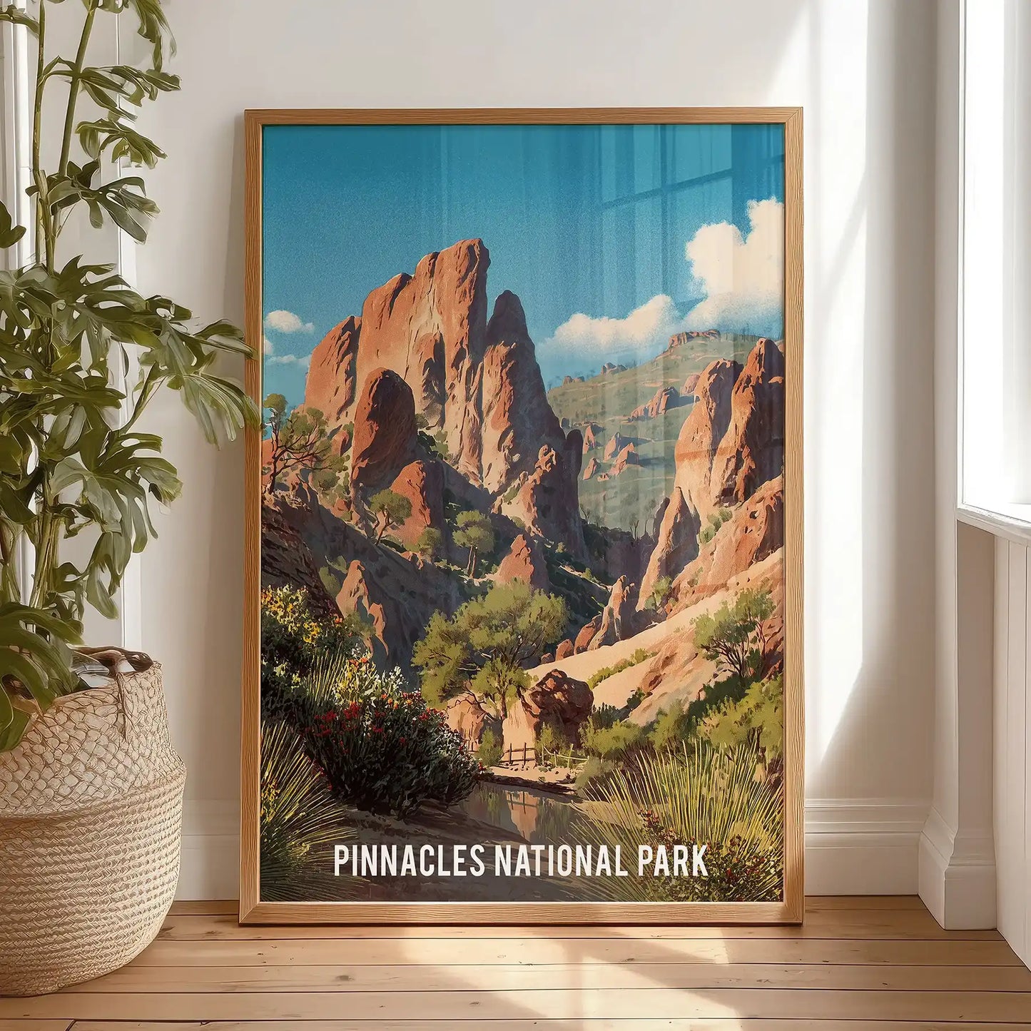 Pinnacles rock spires wall decor presented in a natural oak frame, casually propped on the bedroom floor to add rugged landscape character.