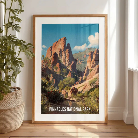 A framed landscape print of Pinnacles National Park, wide-matted in black, leans against the bedroom wall to lend a relaxed, artful vibe.