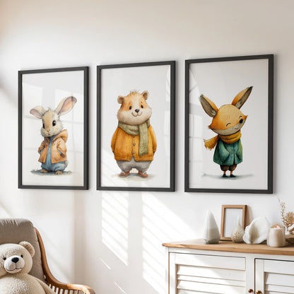 A set of three woodland animal art prints in sleek black frames decorates the playroom wall above a chest of drawers, adding a soft neutral touch.