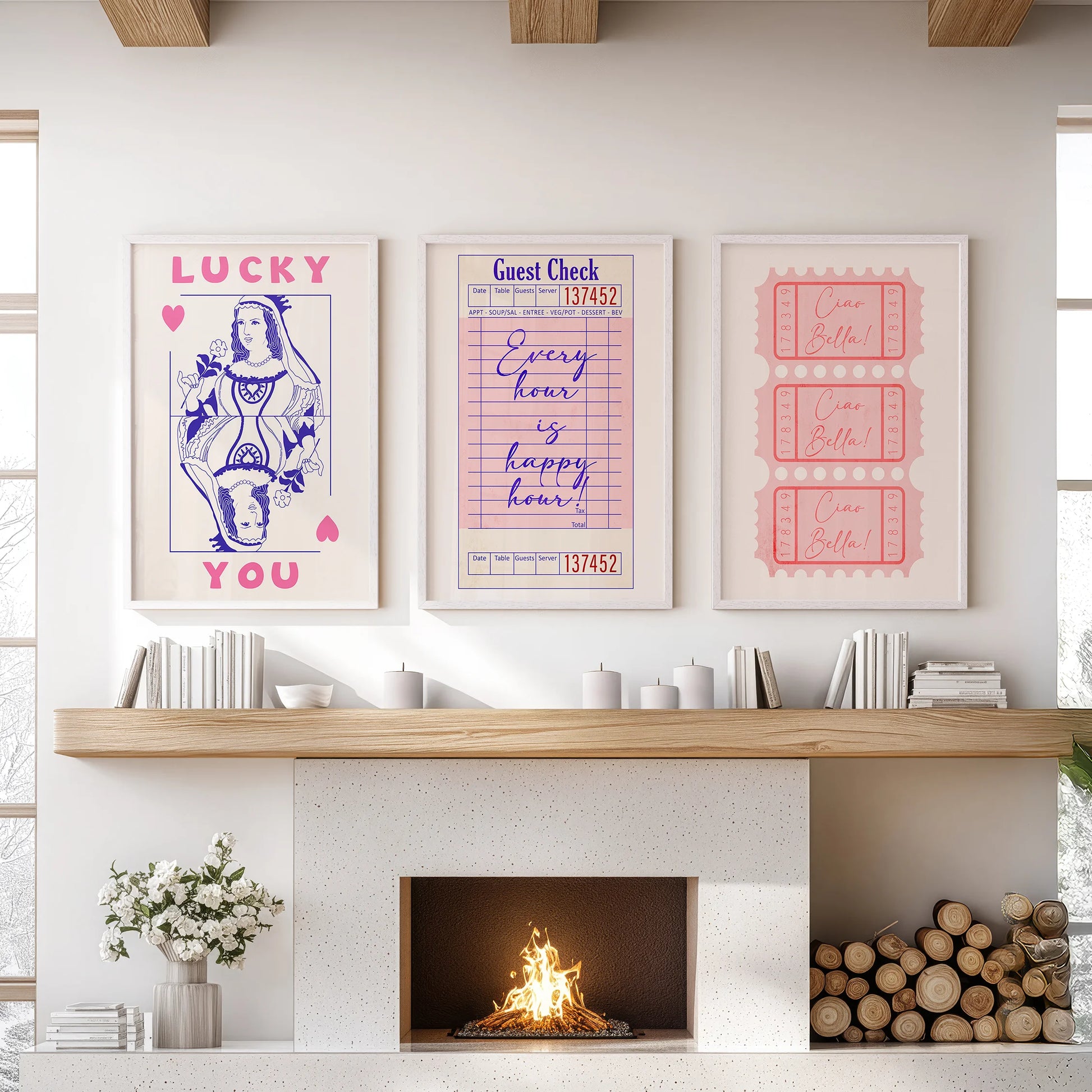 Pink ticket stub wall prints, a 3-print set, come in white frames to line the family room above the mantelpiece with bold, nostalgic charm.
