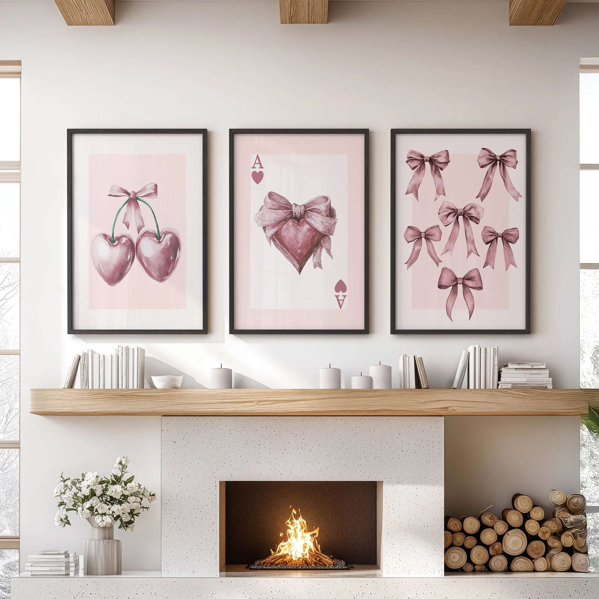 Black-framed wall prints of an Ace of Hearts form a three-piece art set above the mantel, giving the living room a polished, cheeky focus.