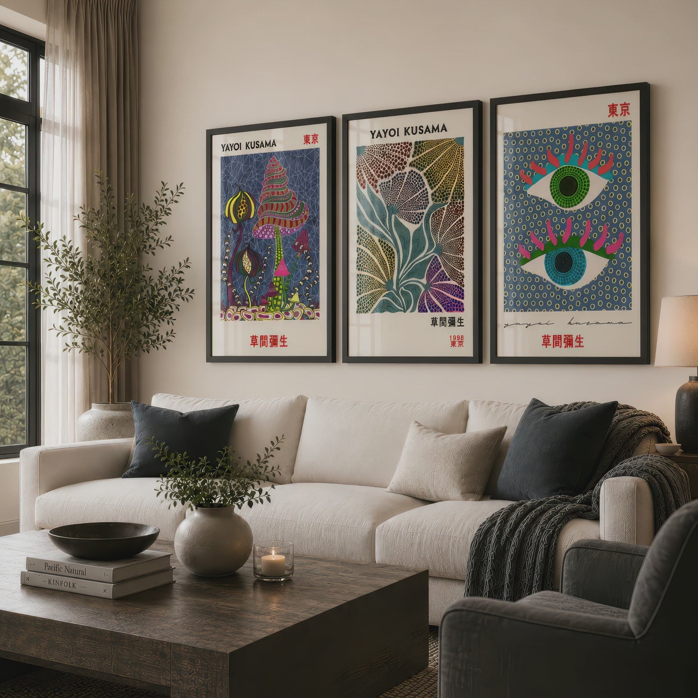 Colorful Yayoi Kusama-inspired prints with bold dots and abstract forms become the focal point of a modern neutral living room during a smooth camera approach.