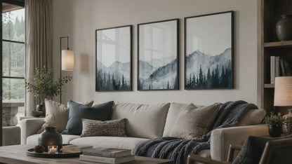 Misty mountain and pine forest triptych in black frames hang above a neutral living room sofa as the camera slowly moves closer