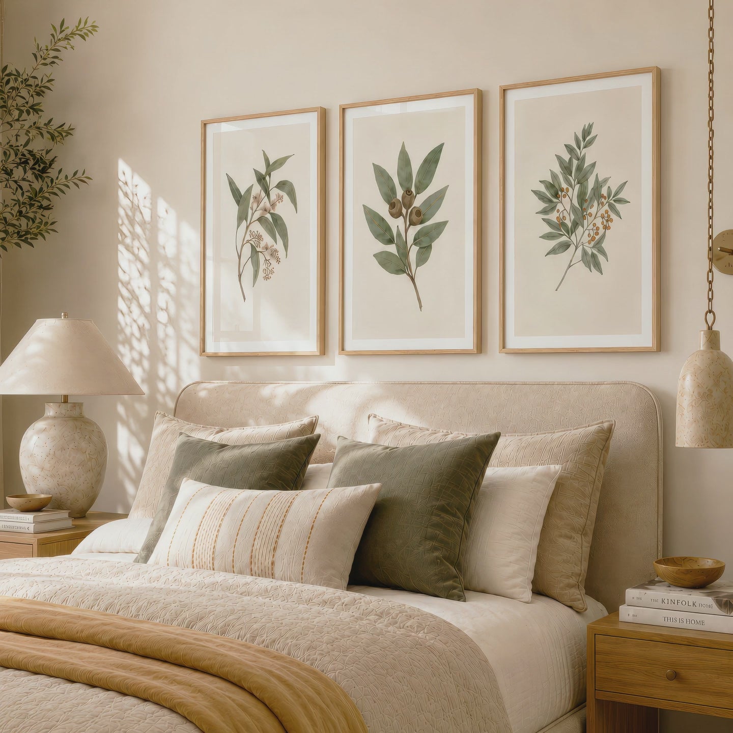 Three green botanical illustrations in natural wood frames hang above a neutral bed as the camera gently moves closer