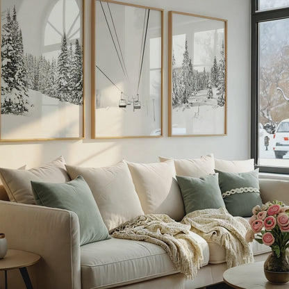 Sunlit winter ski prints featuring snowy forests and a chairlift come into focus as the camera moves closer to three natural wood frames above a sofa.