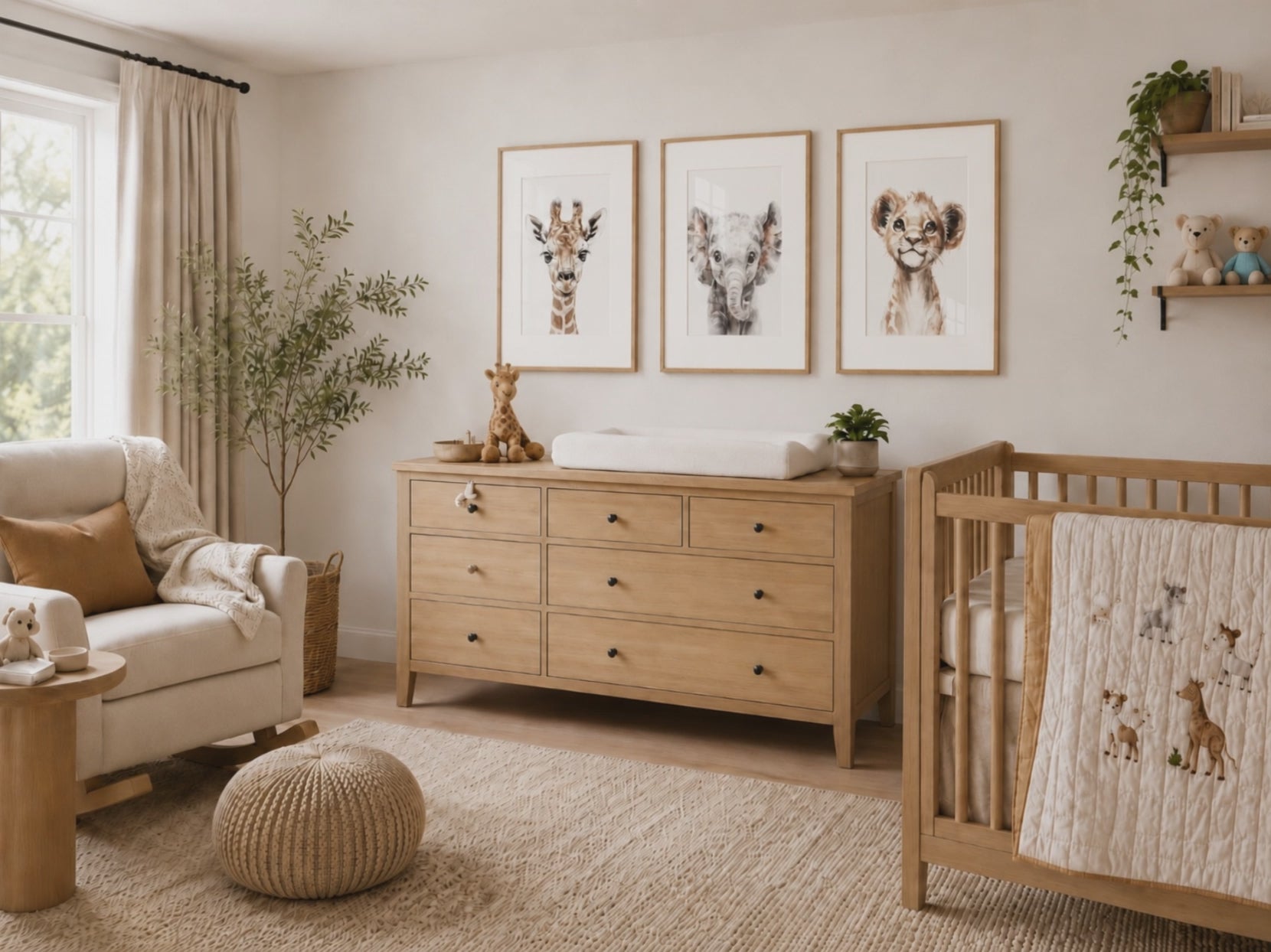 Slow camera push-in toward three baby animal prints — a giraffe, elephant and lion — in natural wood frames above a nursery dresser.