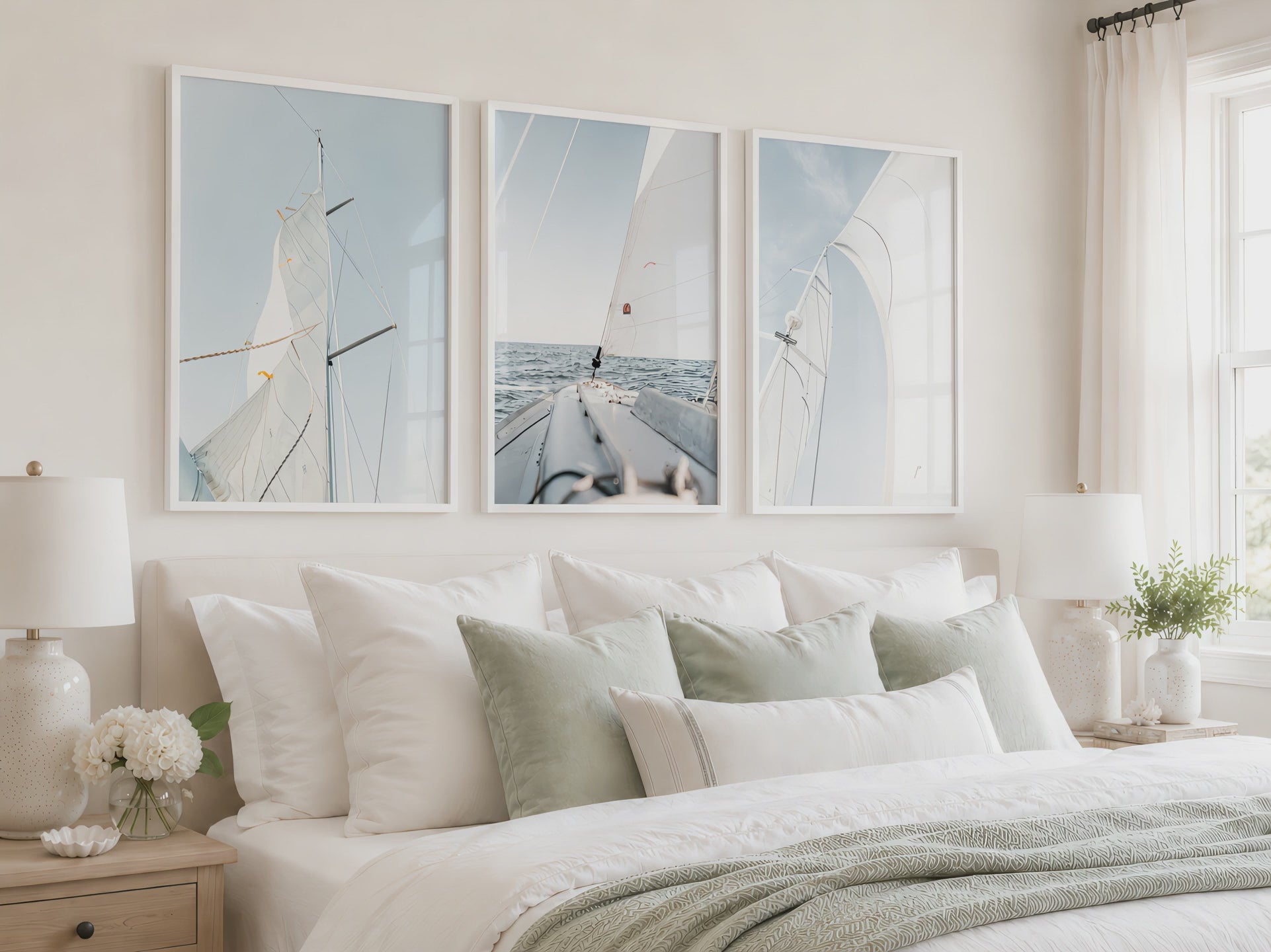 A bright coastal bedroom showcases three blue sailboat prints in white frames as the camera gently moves closer
