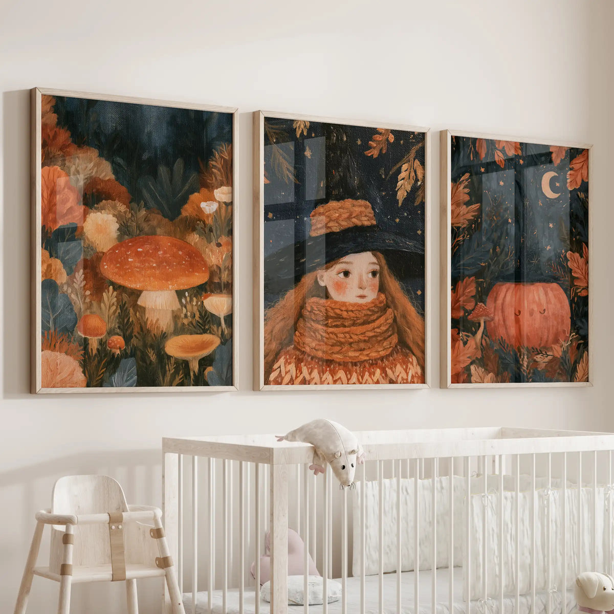 This three-poster wall art bundle features dark cottagecore witchcraft motifs, paired with natural wood frames over a nursery crib.