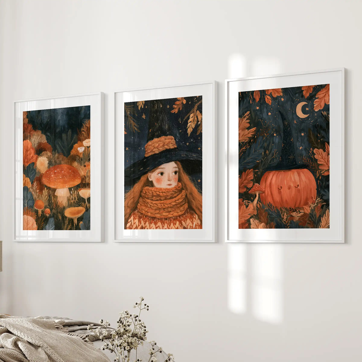 Autumn forest witch print set of 3 arrives in white matted frames for a soft look, perfect near the bedroom wall by the bed.