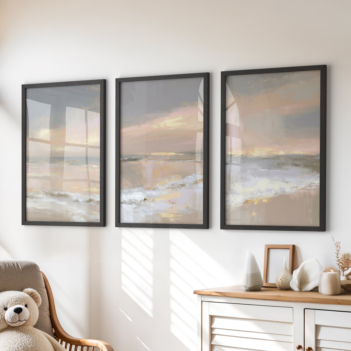Abstract Coastal Set of 3 Prints. Neutral Seascape Painting