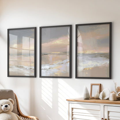 Abstract Coastal Set of 3 Prints. Neutral Seascape Painting
