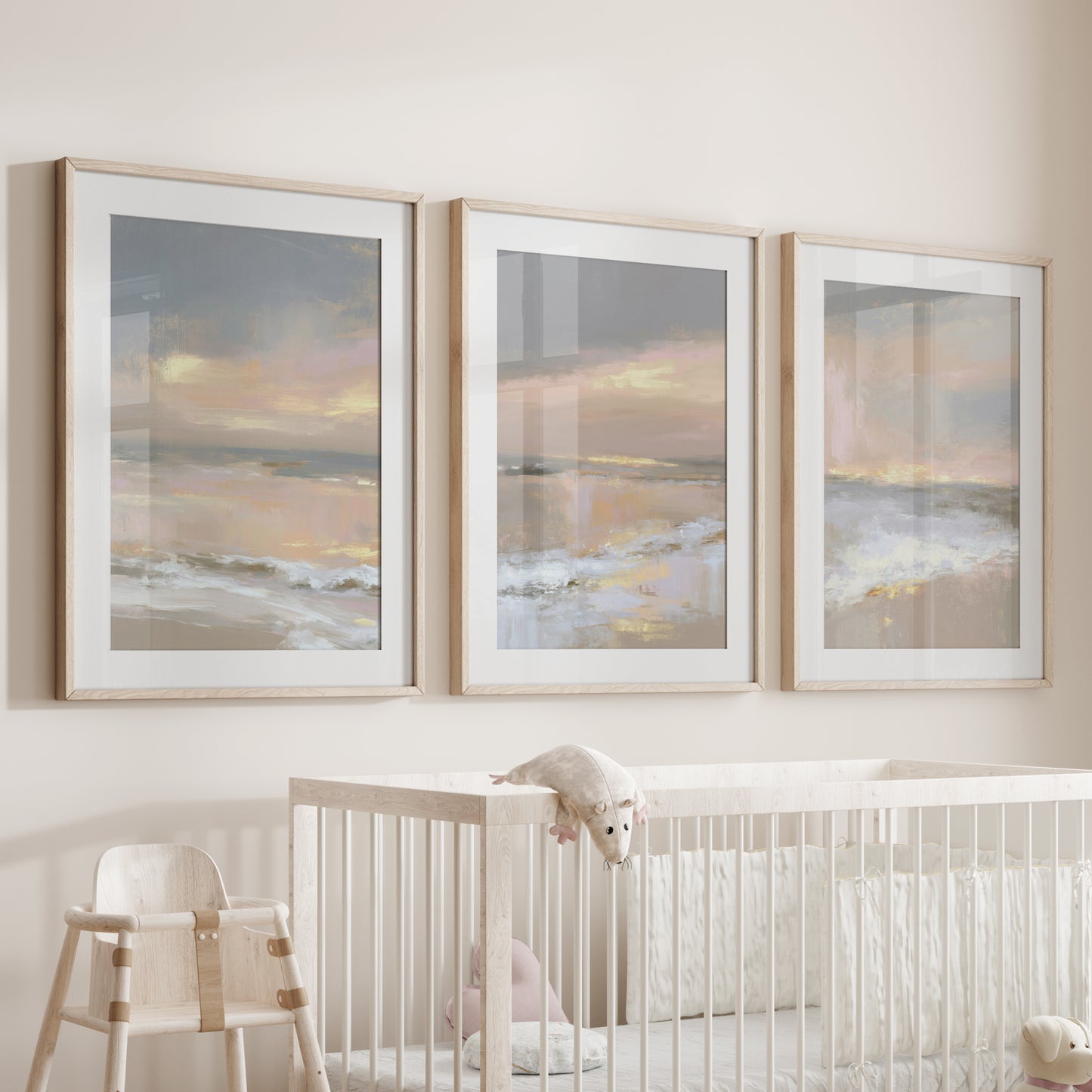 Abstract Coastal Set of 3 Prints. Neutral Seascape Painting