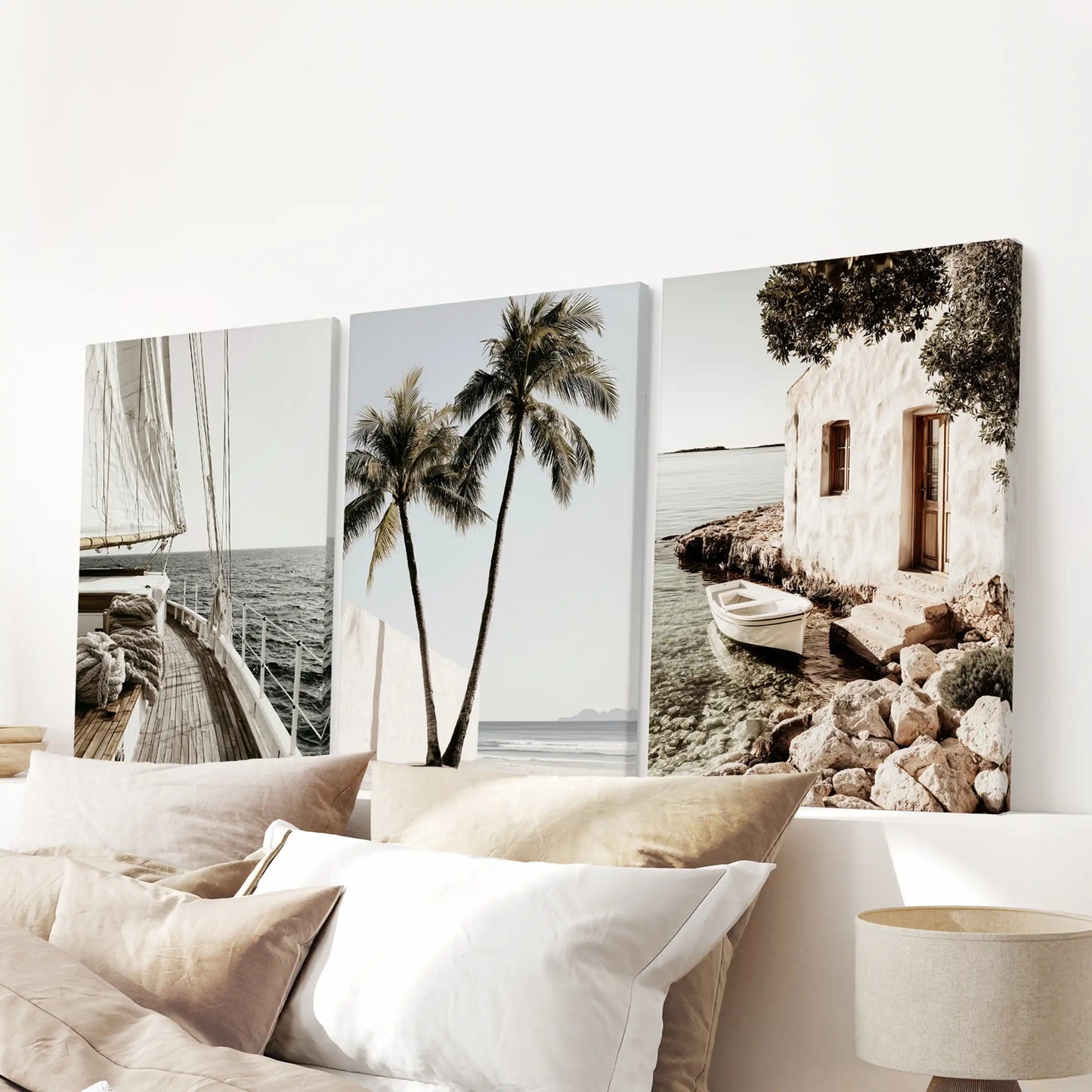 A wall hanging of palm tree canvas art on three stretched canvases sits above the headboard, giving the bedroom a serene look with sunlit fronds.