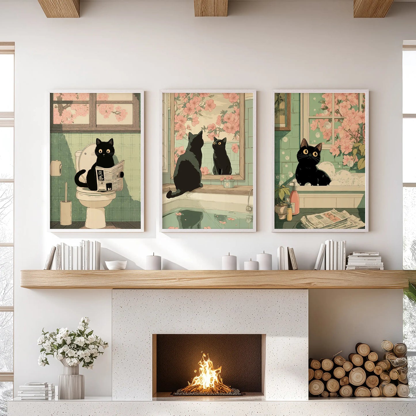 Three Japanese-style black cat toilet art prints in crisp white frames add lighthearted flair over the living-room fireplace mantel.