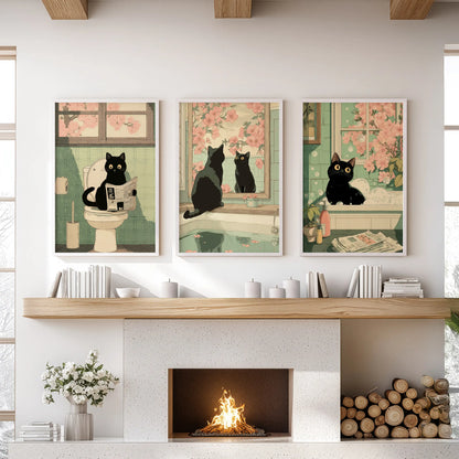 Three Japanese-style black cat toilet art prints in crisp white frames add lighthearted flair over the living-room fireplace mantel.