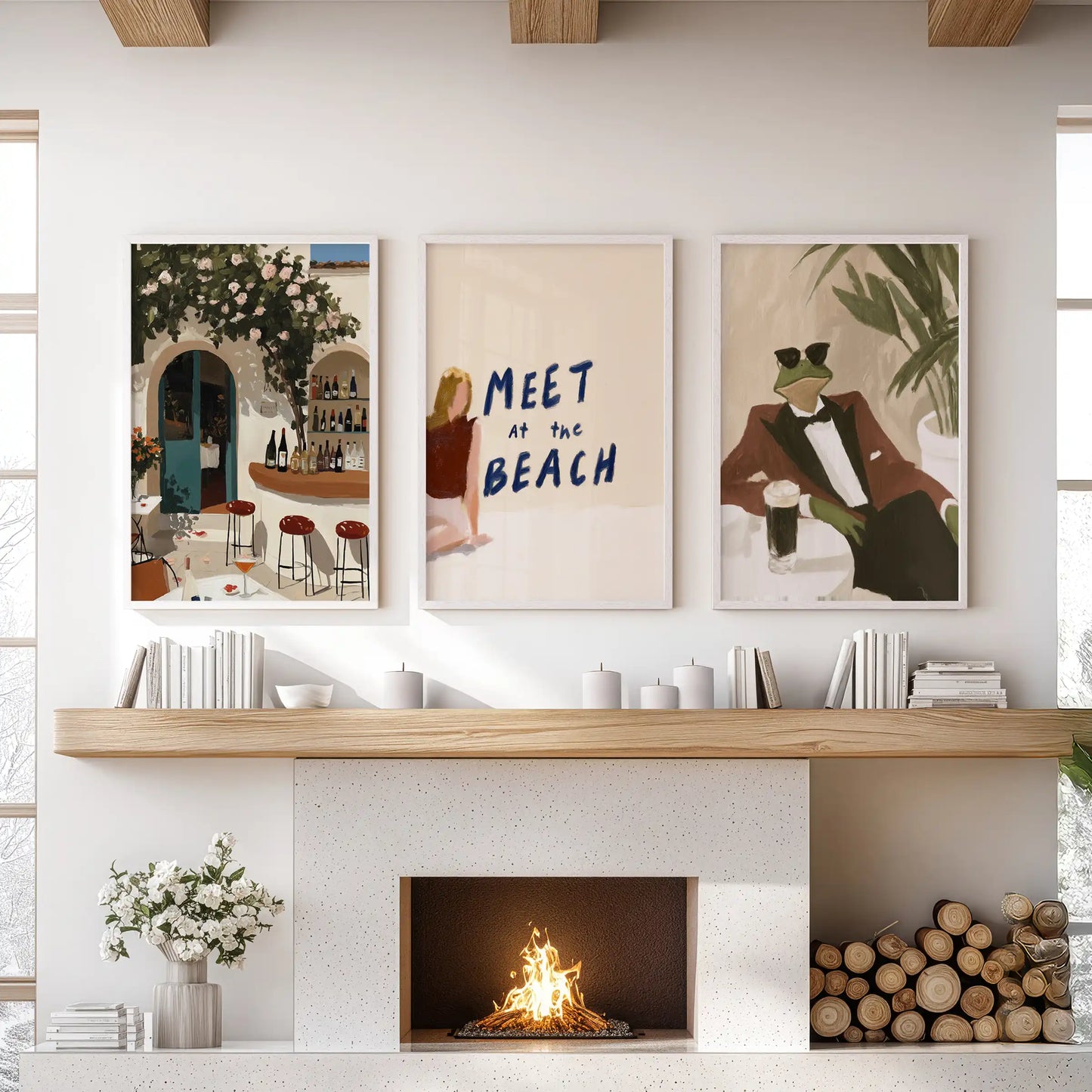 Funny frog bar art in a three-piece set with white frames sparks conversation in the lounge above the fireplace.