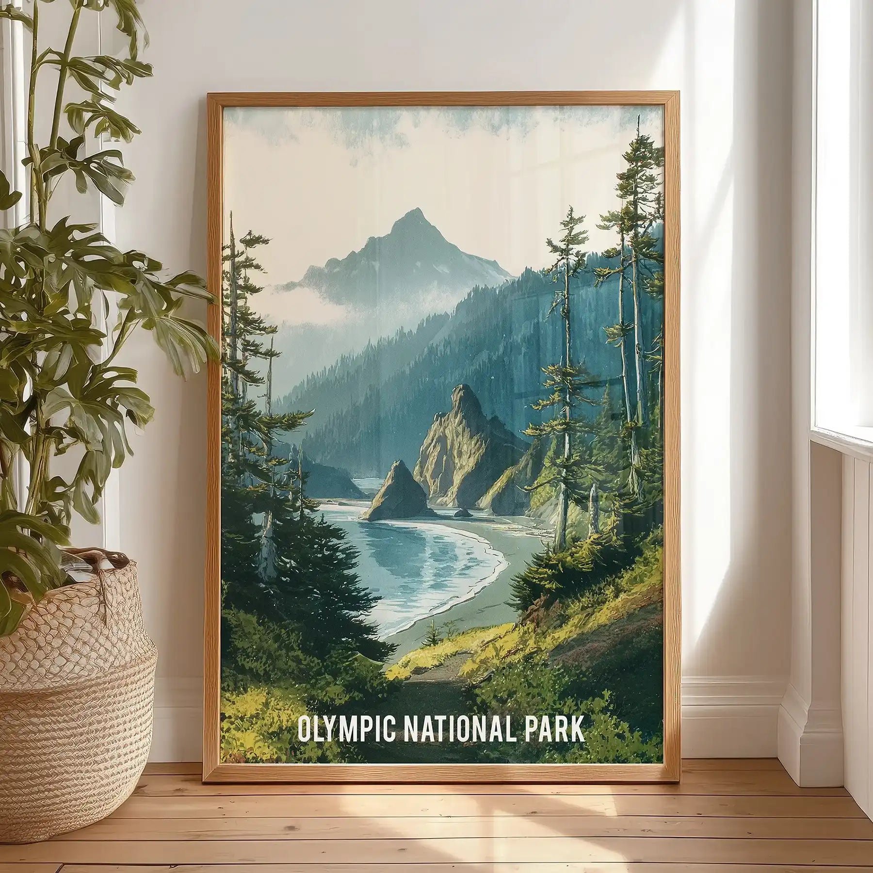 Gallery-style wall art of Quinault Rainforest sits in a natural oak frame by the bedroom window, blending warm wood grain with cool canopy greens.