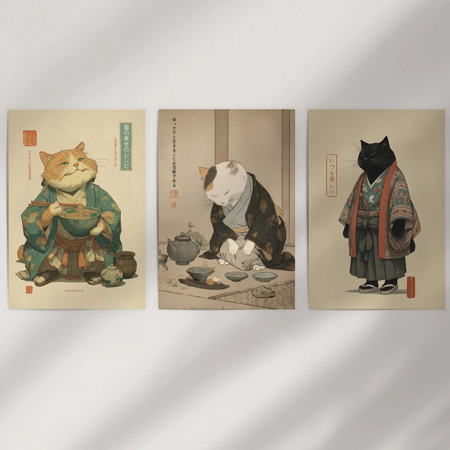 Unframed vintage-style black cat prints form a light three-piece poster set that softens a minimal wall with airy, uncluttered charm.