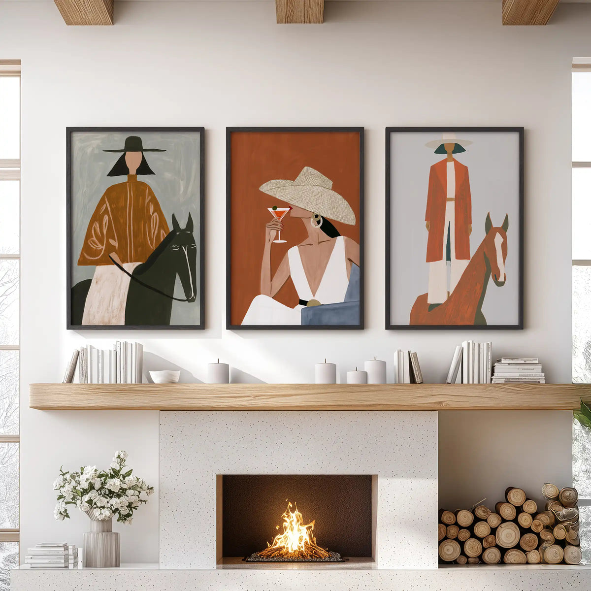 Cowgirl portraits, 3-piece wall art in black frames anchors the lounge above the fireplace with a clean, modern western look.