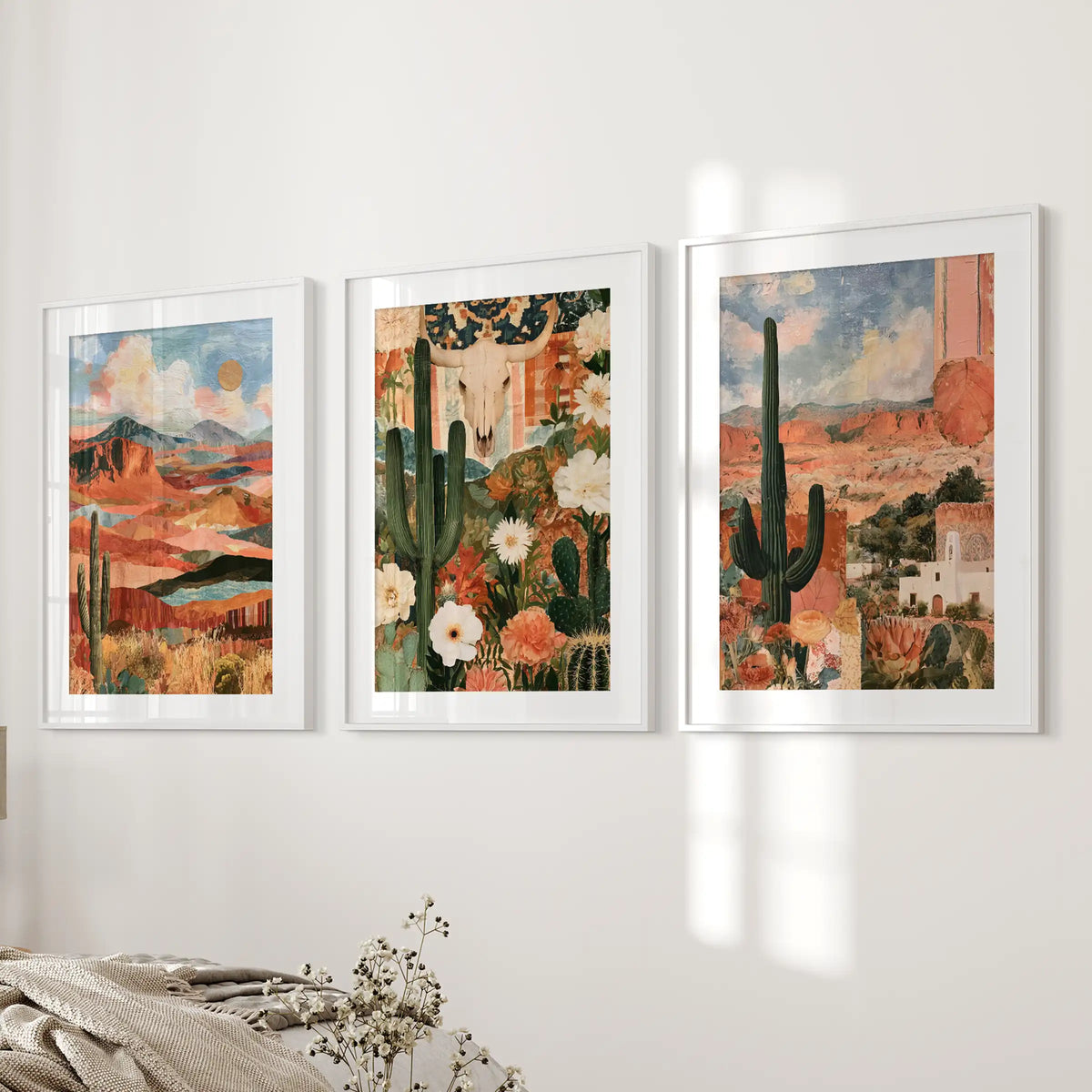 Saguaro cactus 3-piece gallery wall lends serene texture near the bedroom bed, in white frames with matting that spotlight the spiny silhouettes.
