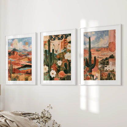 Saguaro cactus 3-piece gallery wall lends serene texture near the bedroom bed, in white frames with matting that spotlight the spiny silhouettes.