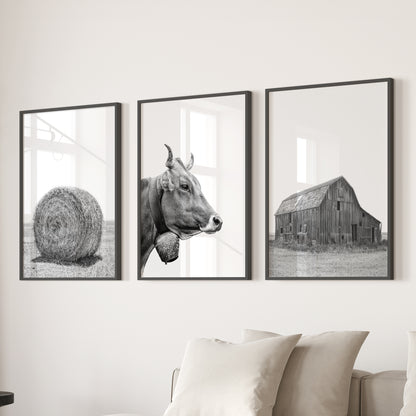 Farmhouse Art Set of 3. Vintage Barn, Cow, Hay Bale Landscape