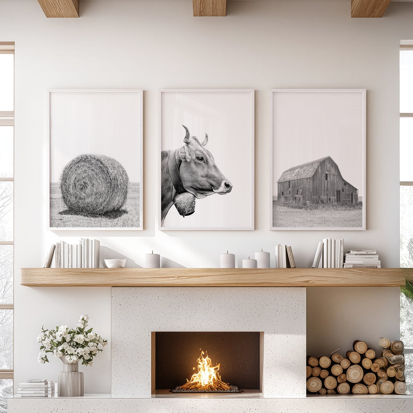 Farmhouse Art Set of 3. Vintage Barn, Cow, Hay Bale Landscape