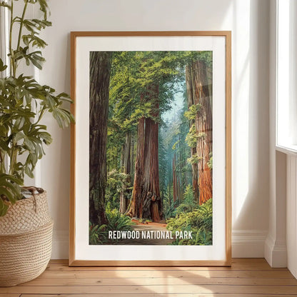 A black-framed wall print of towering sequoias, neatly matted, rests against a bedroom wall for a relaxed, lived-in look.