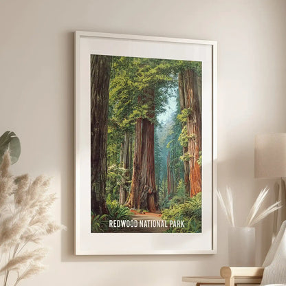 A California redwood forest print in a white matted frame brightens the lounge wall beside a reading chair, airy and calm.