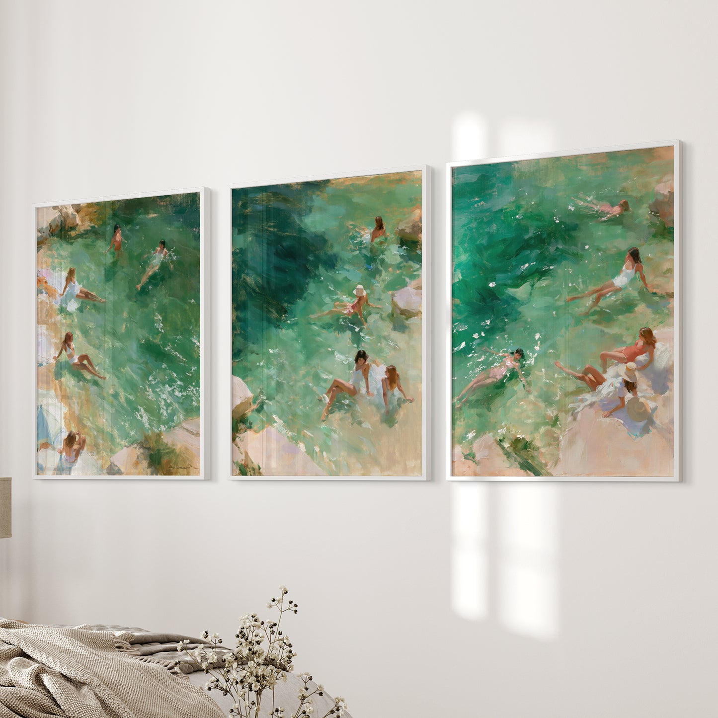 Mediterranean Beach Set of 3 Prints. Ocean Swimmer Wall Art