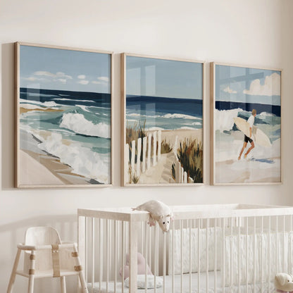 Coastal shoreline poster set, 3-piece poster set, soothes a nursery room in oak-framed prints, layered neatly over the crib.