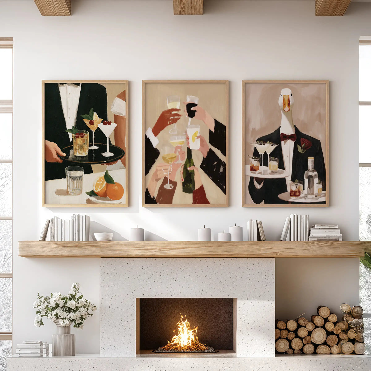 Retro drink illustration wall art in a 3-piece set, displayed in wood frames over the family room fireplace.