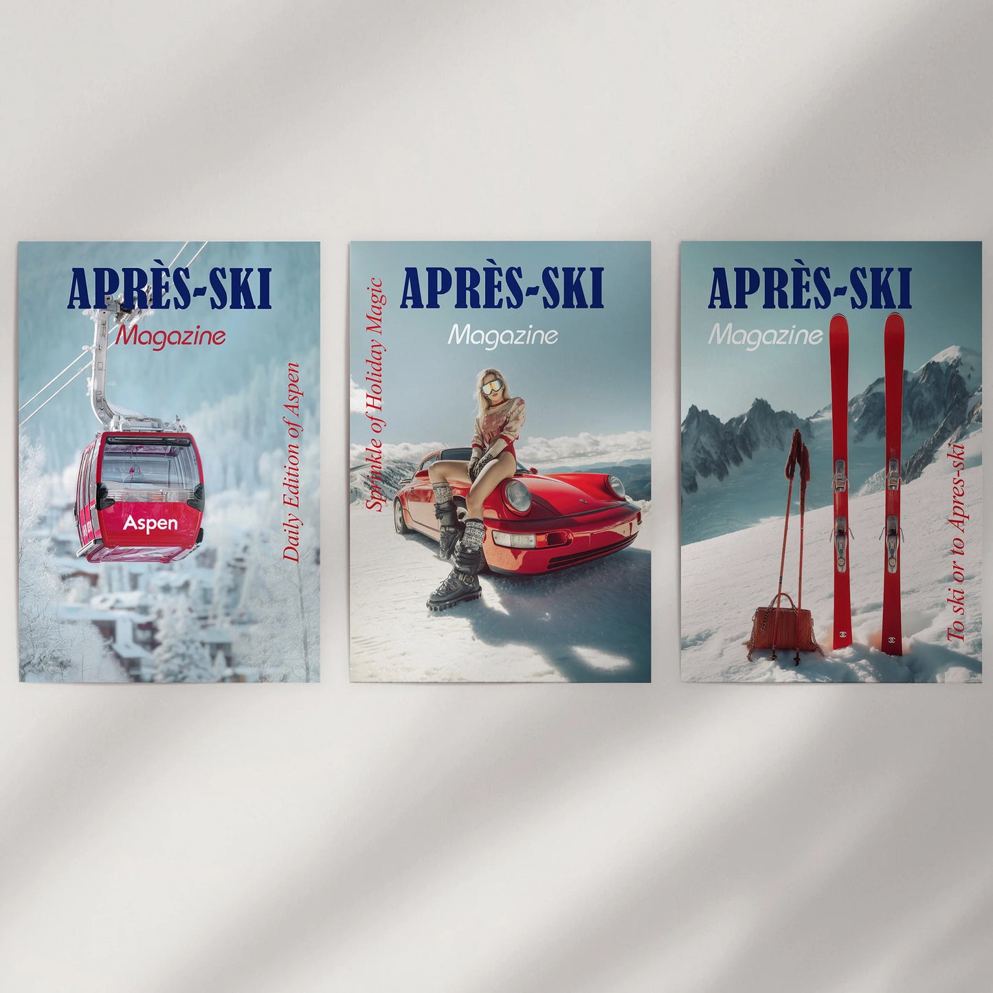 Unframed winter mountain posters in a coordinated trio pop against a white wall with pale retro tones and tidy edges.