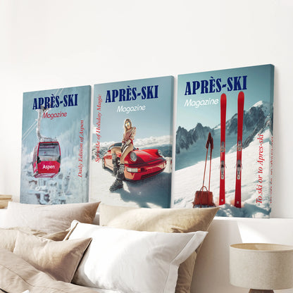 Apres-ski magazine covers rendered as a 3-poster canvas set bring bold retro wall art above the bedroom headboard, mixing ski chic with warm tones.