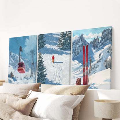 Alpine lodge view canvas wall art, 3-poster bundle on wrapped panels, finishes a bedroom above the headboard with cozy, chalet character.