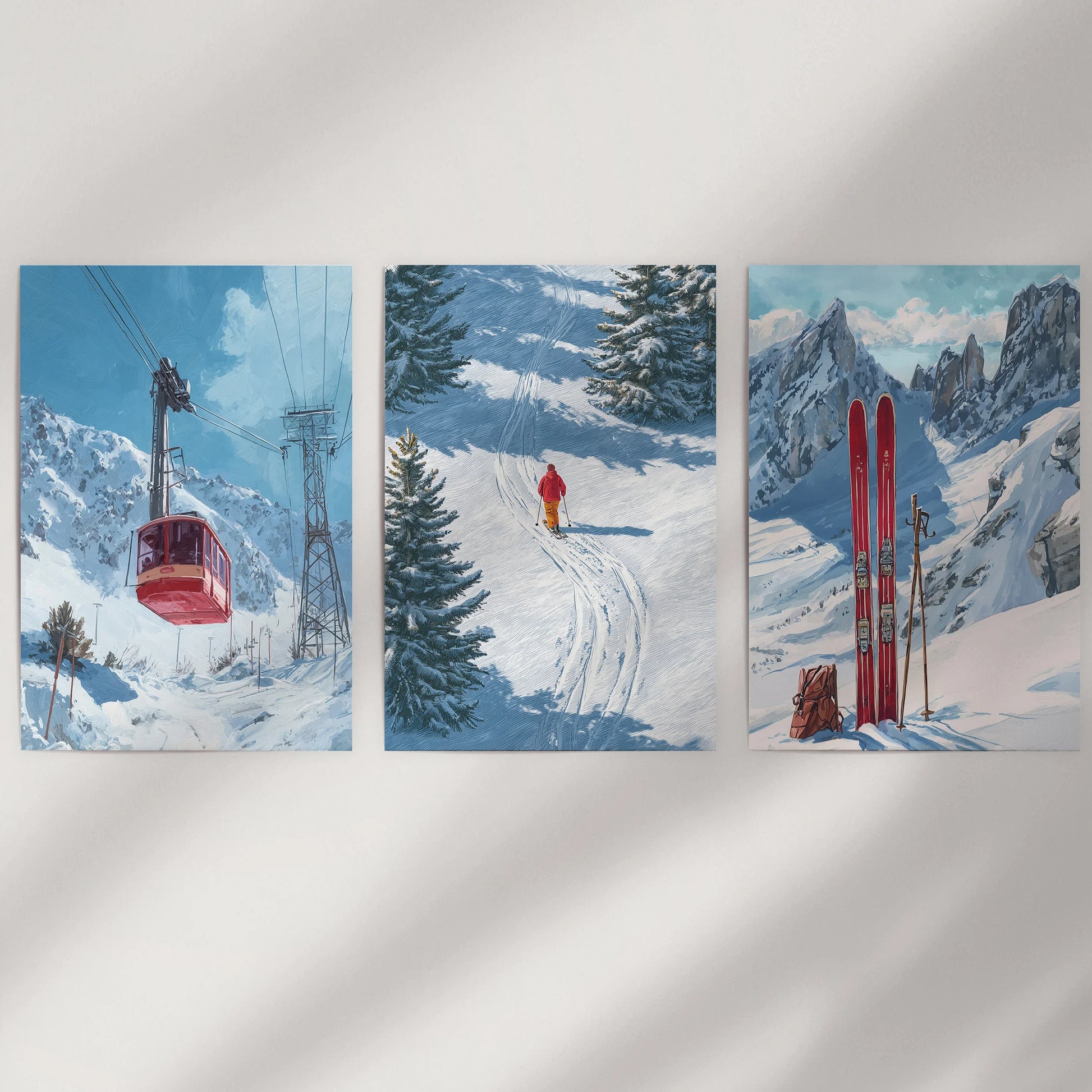 Retro skiing poster wall art, 3-piece set presented unframed for a clean look on a neutral wall, evoking classic travel nostalgia.