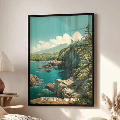 Acadia National Park landscape wall artwork for the living room in a black frame, hung above a cozy chair to add calm, coastal character.