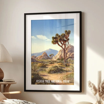 Single-panel Mojave Desert travel art print in a black frame with matting adds a crisp, nostalgic feel above the window-side chair in the family room.